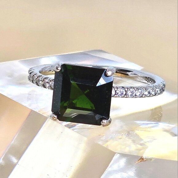 925 Sterling Silvet Ring SZ 8 with Natural Chrome Diopside 8x8mm & CZ - Picture 10 of 10